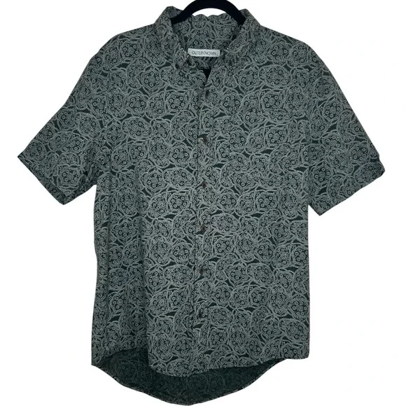Outerknown Studio Shirt Men M Green Paisley Hawaiian Short Sleeve Button Cotton - Picture 2 of 12